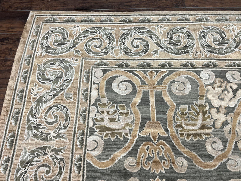 Spanish Rug 11x14, Wool Hand Knotted Vintage Carpet, Olive Green and Beige, Floral Allover, European Design, 11 x 14 Rug by Jewel Rugs