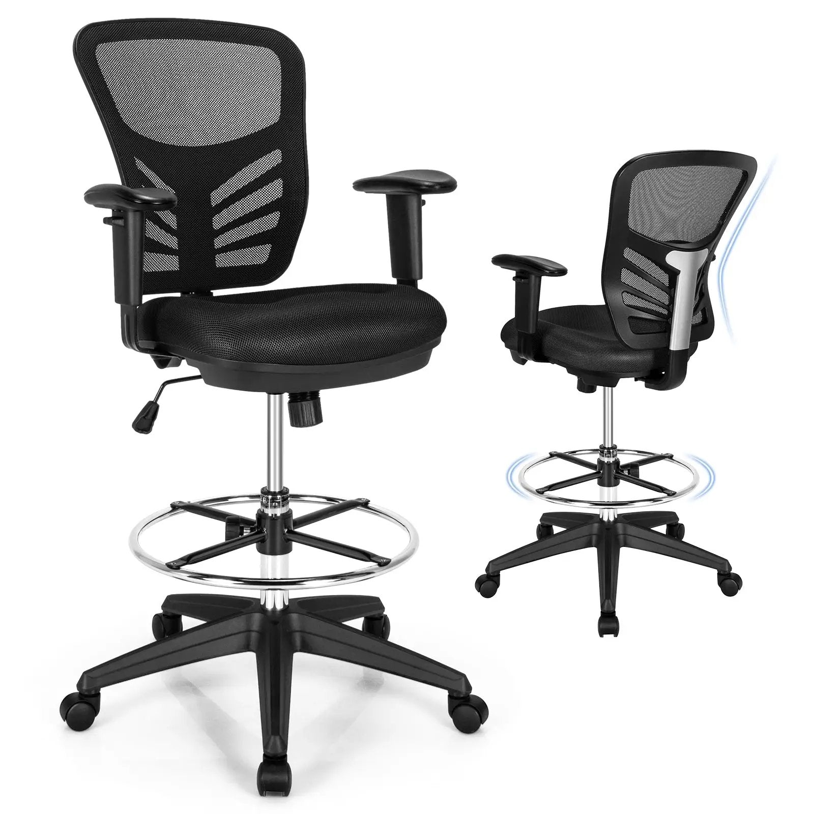 Mesh Drafting Chair Office Chair with Adjustable Armrests and Foot-Ring-Black by DirectDeals