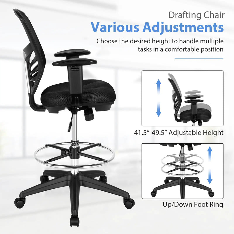 Mesh Drafting Chair Office Chair with Adjustable Armrests and Foot-Ring-Black by DirectDeals