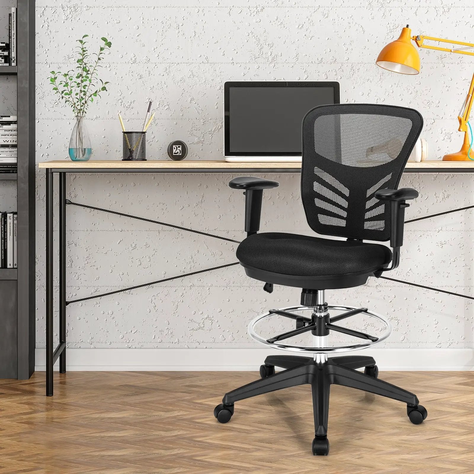 Mesh Drafting Chair Office Chair with Adjustable Armrests and Foot-Ring-Black by DirectDeals