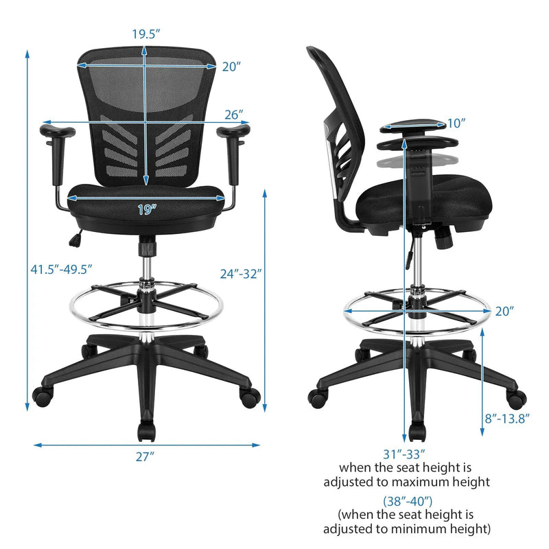 Mesh Drafting Chair Office Chair with Adjustable Armrests and Foot-Ring-Black by DirectDeals