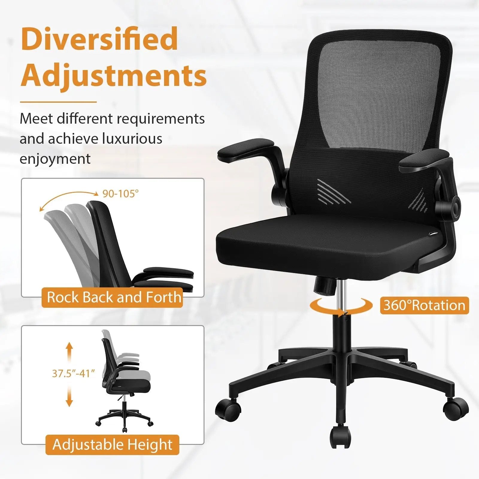 Swivel Mesh Office Chair with Foldable Backrest and Flip-Up Arms-Black by DirectDeals