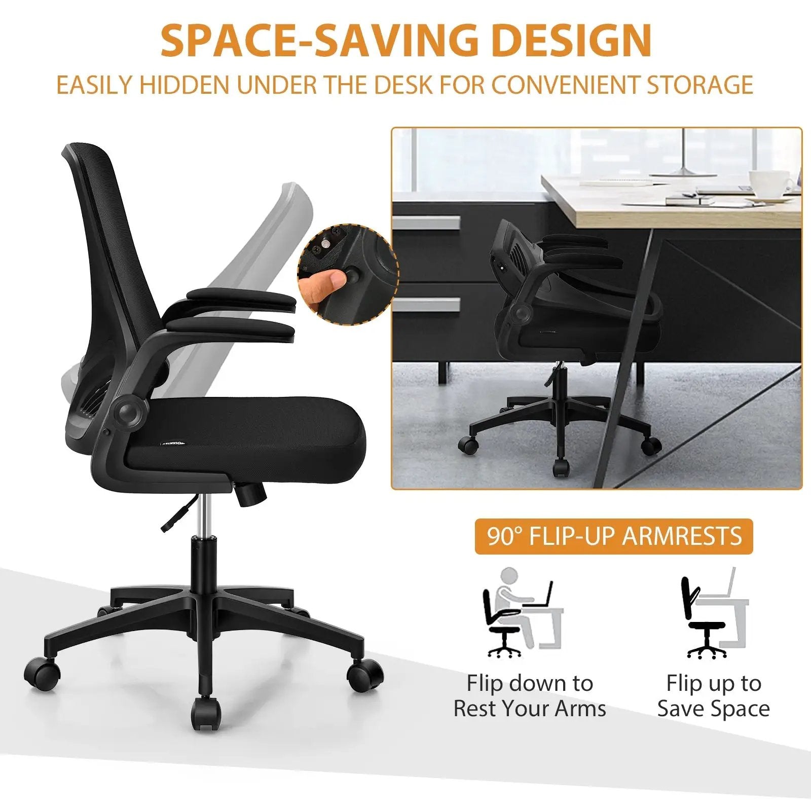 Swivel Mesh Office Chair with Foldable Backrest and Flip-Up Arms-Black by DirectDeals