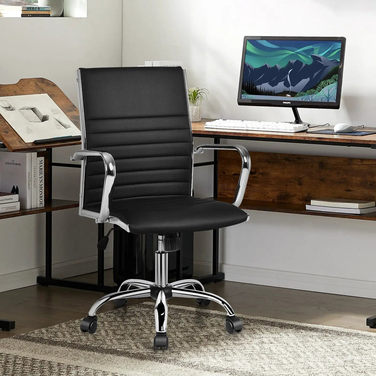 High Back Ribbed Office Chair with Armrests by DirectDeals