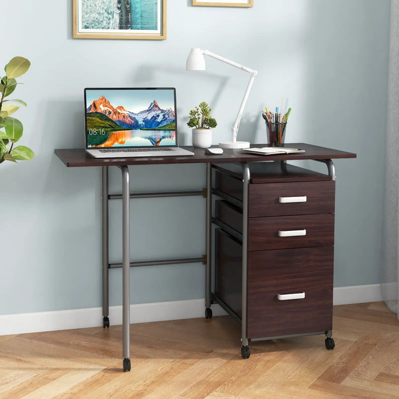 Home Office Folding Computer Laptop Desk Wheeled with 3 Drawers by DirectDeals