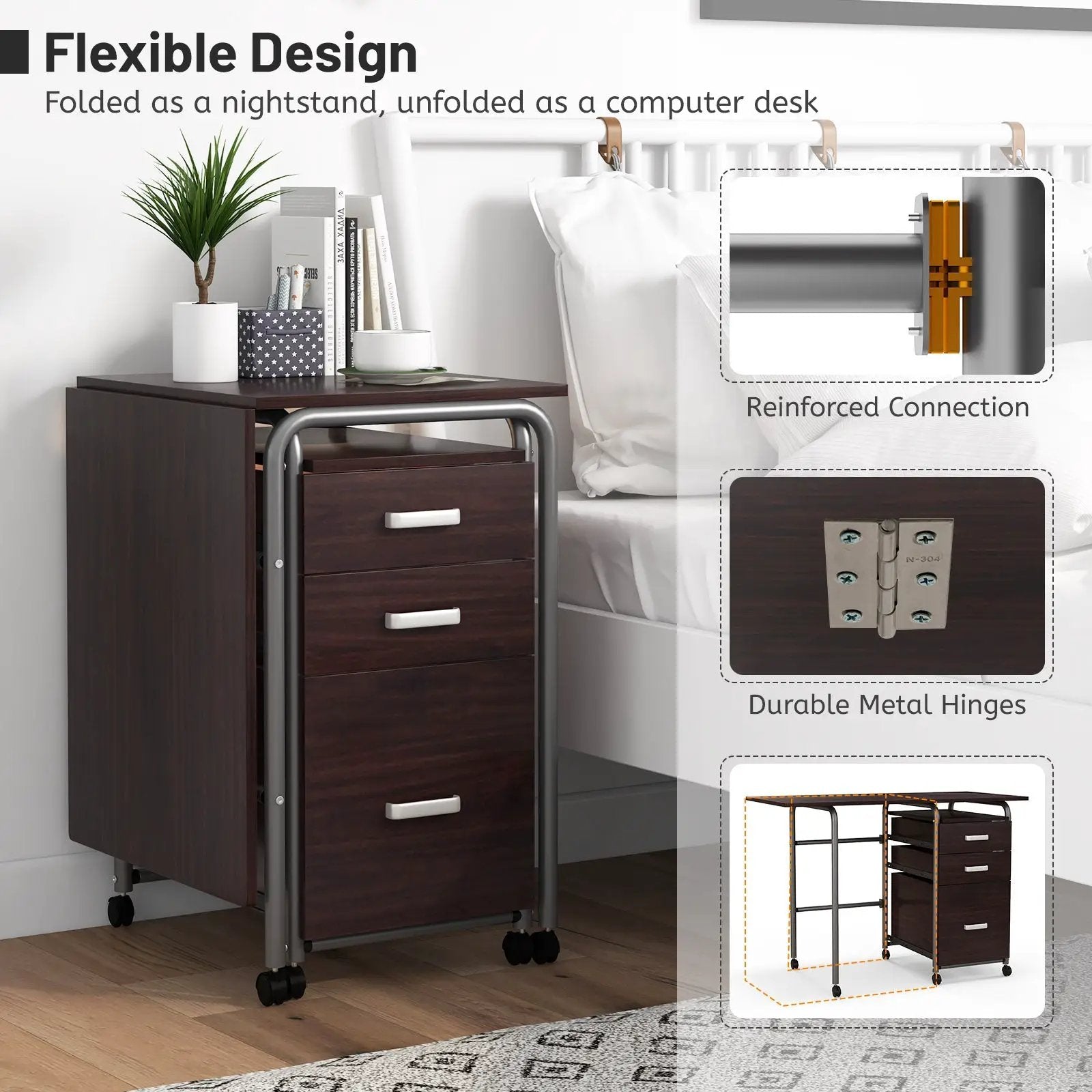 Home Office Folding Computer Laptop Desk Wheeled with 3 Drawers by DirectDeals