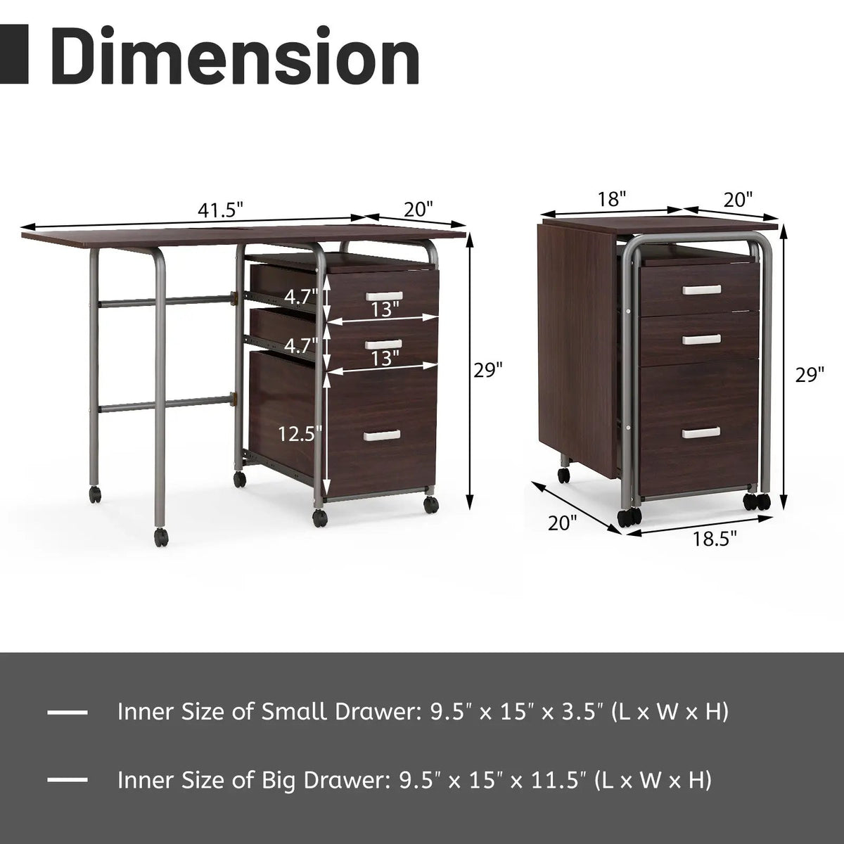 Home Office Folding Computer Laptop Desk Wheeled with 3 Drawers by DirectDeals