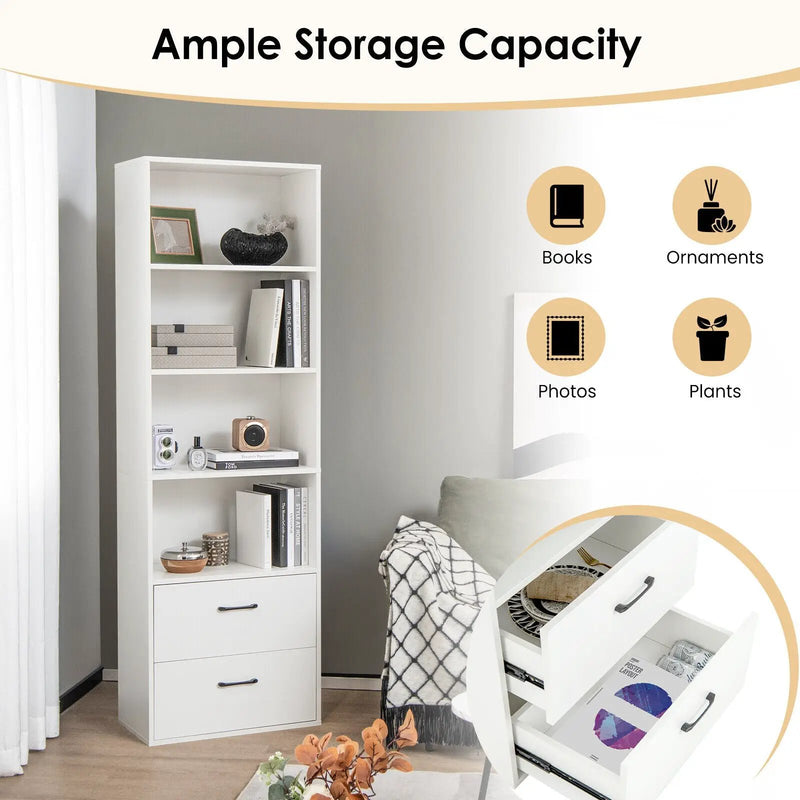 6-Tier Tall Freestanding Bookshelf with 4 Open Shelves and 2 Drawers by DirectDeals