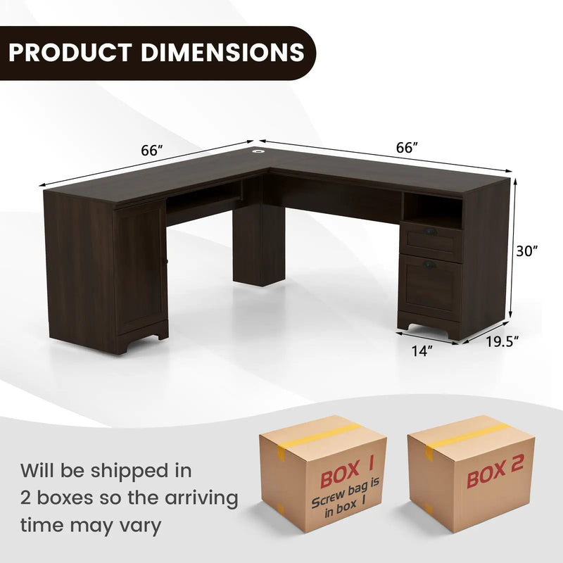 66 Inch L-Shaped Writing Study Workstation Computer Desk with Drawers-Coffee by DirectDeals