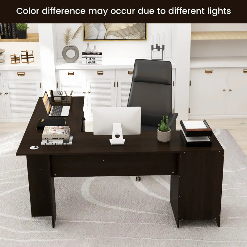 66 Inch L-Shaped Writing Study Workstation Computer Desk with Drawers-Coffee by DirectDeals