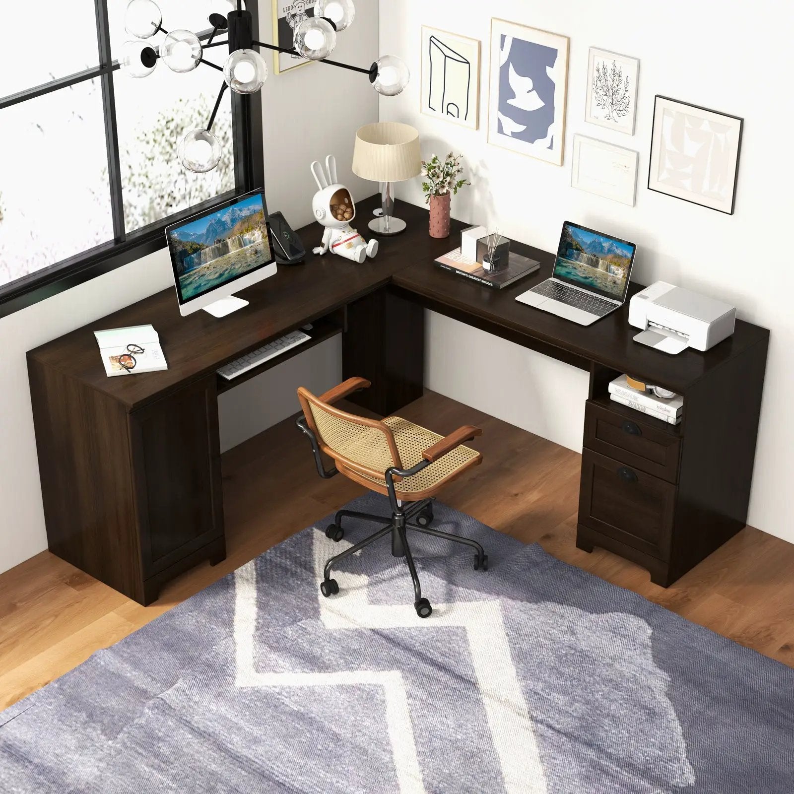 66 Inch L-Shaped Writing Study Workstation Computer Desk with Drawers-Coffee by DirectDeals