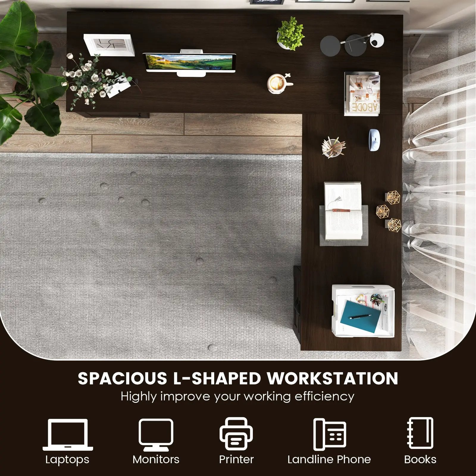 66 Inch L-Shaped Writing Study Workstation Computer Desk with Drawers-Coffee by DirectDeals