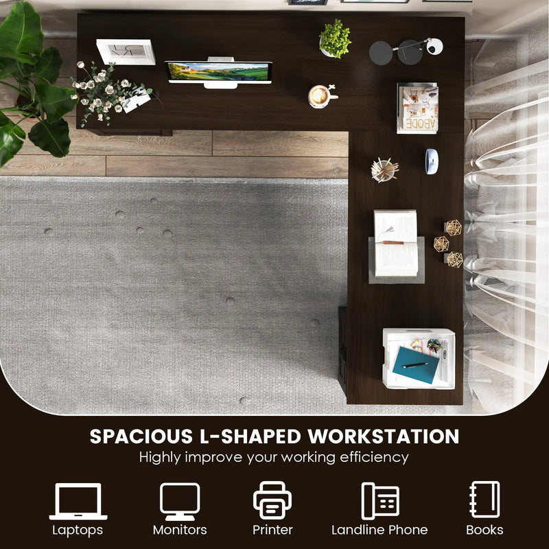 66 Inch L-Shaped Writing Study Workstation Computer Desk with Drawers-Coffee by DirectDeals