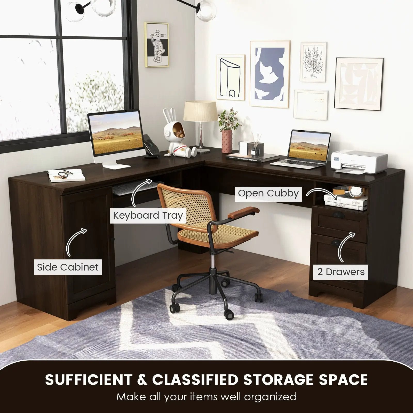 66 Inch L-Shaped Writing Study Workstation Computer Desk with Drawers-Coffee by DirectDeals