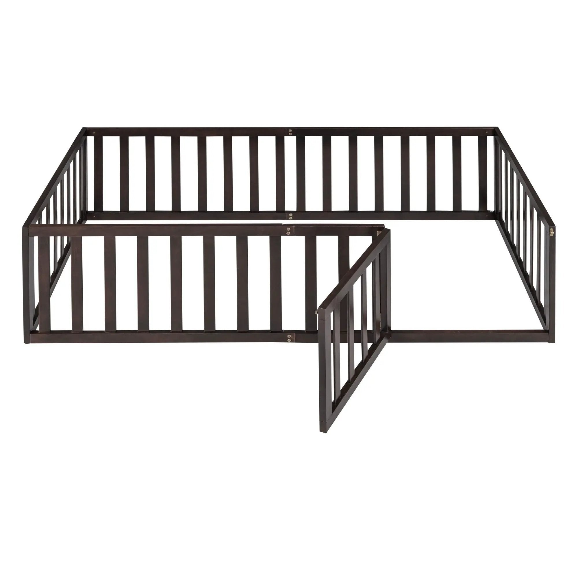 Twin Size Floor Bed Frame With Fence And Door - Walnut by HouseOfZazla