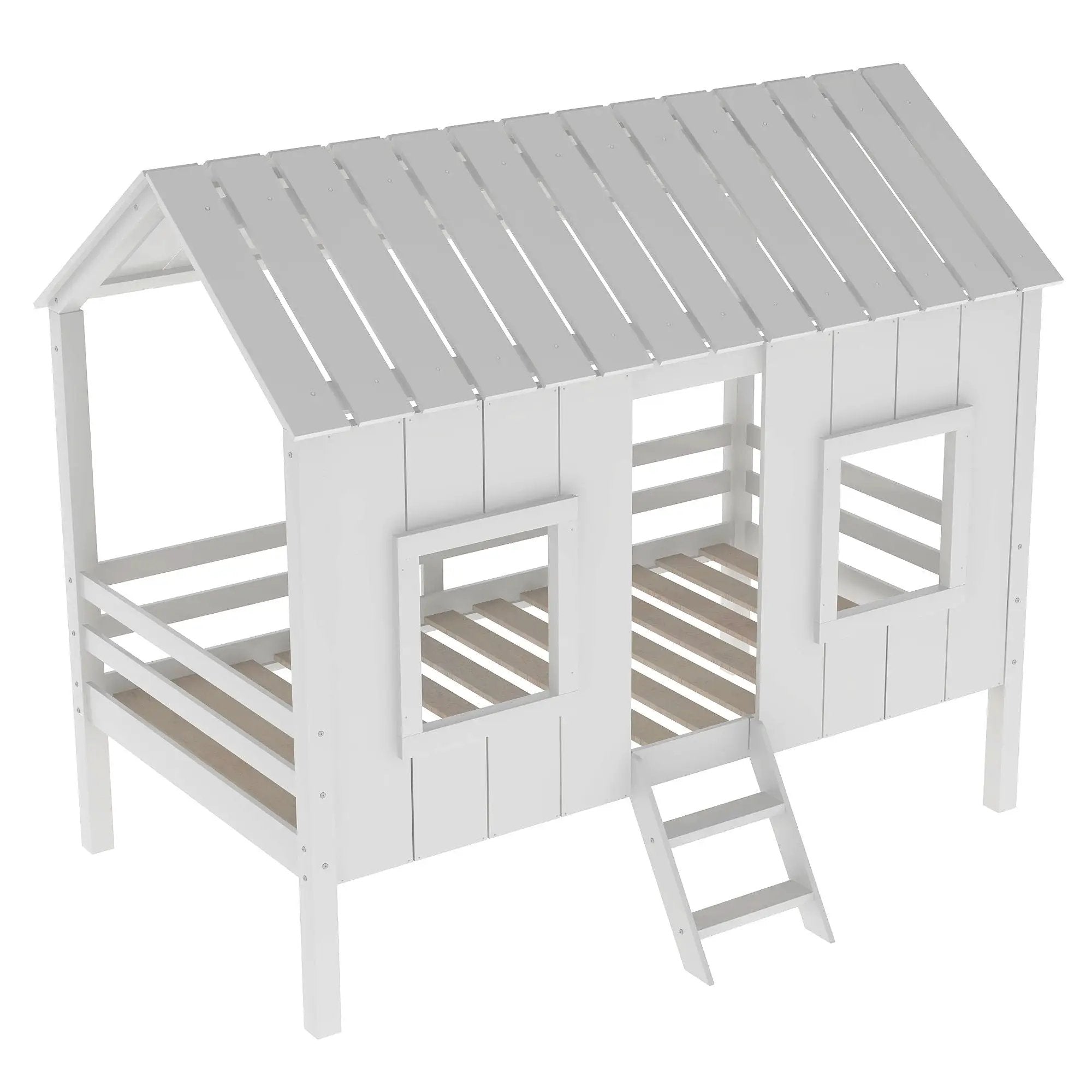 Twin Size Low Loft House Bed With Roof And 2 Front Windows - White by HouseOfZazla