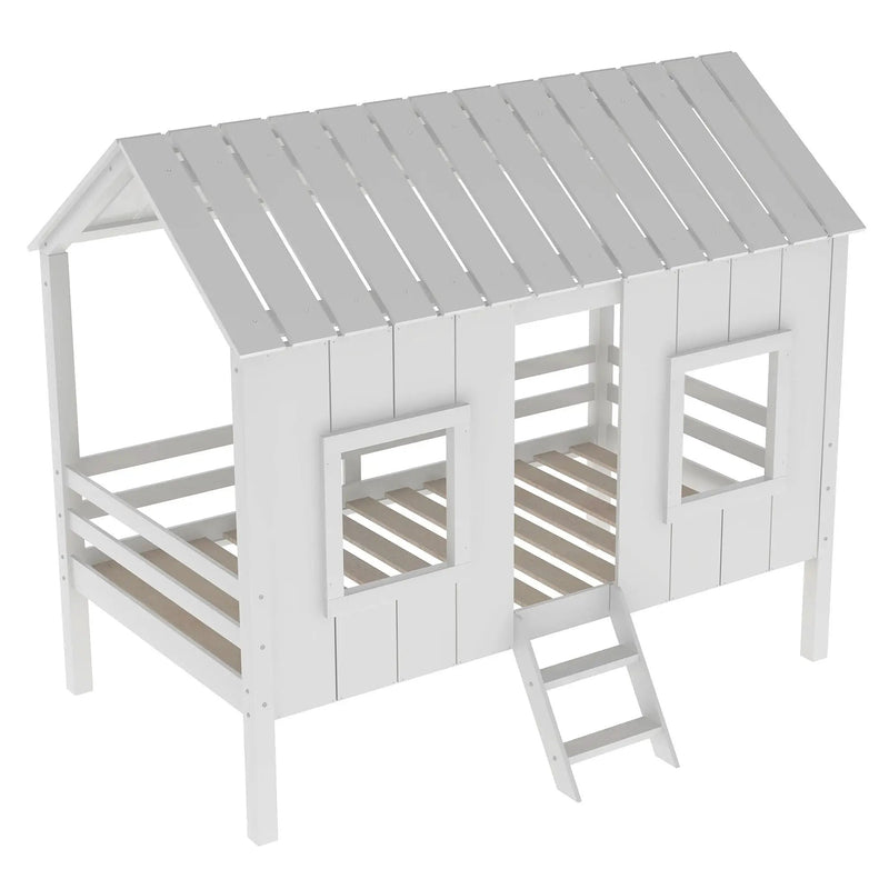 Twin Size Low Loft House Bed With Roof And 2 Front Windows - White by HouseOfZazla