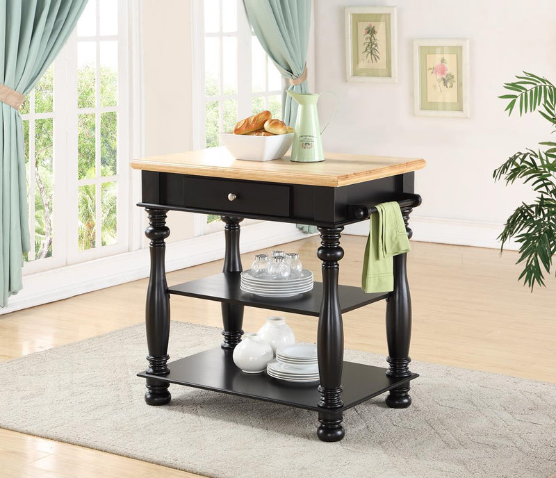 Black Kitchen Island with Cutting Board and Storage Shelves