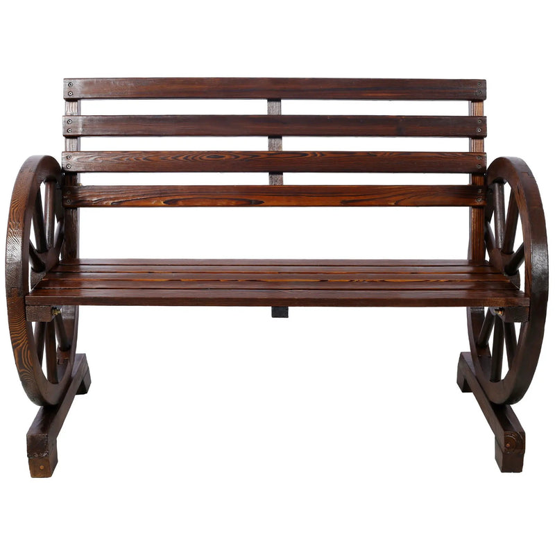 Rustic Country 2 Person Wooden Wagon Wheel Bench With Slatted Seat And Backrest - Brown by Unique Piece Furniture