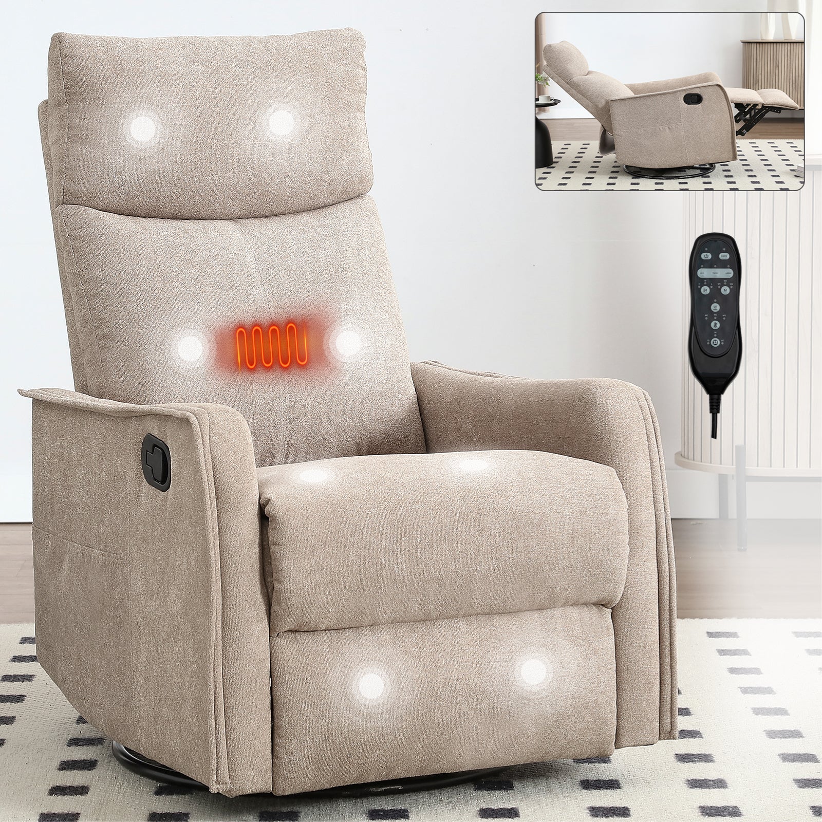 Heat Massage Manual Recliner Chair with Rocker and Swivel in Khaki by HouseOfZazla