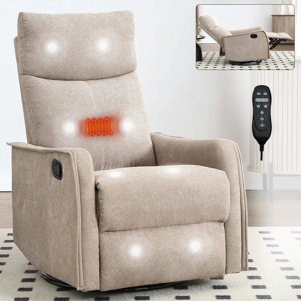 Heat Massage Manual Recliner Chair with Rocker and Swivel in Khaki