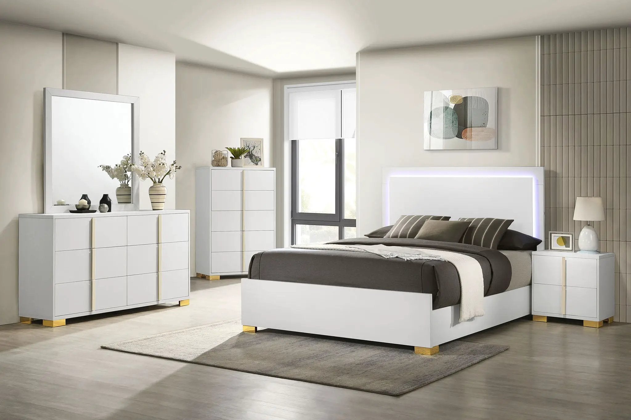 Marceline Wood Eastern King LED Panel Bed White by Unique Piece Furniture