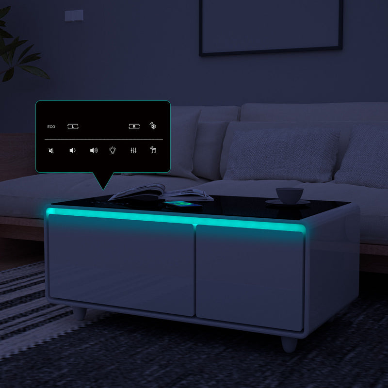 Modern Smart Coffee Table With Built-In Fridge - tooth Speaker, Wireless Charging, Touch Control Panel, USB Interface, Outlet Protection, Atmosphere Light by HouseOfZazla