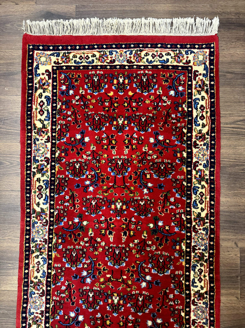 Indo Persian Sarouk Runner Rug 3 x 12, Red and Cream, Allover Pattern, 12ft Runner, Hand Knotted by Jewel Rugs