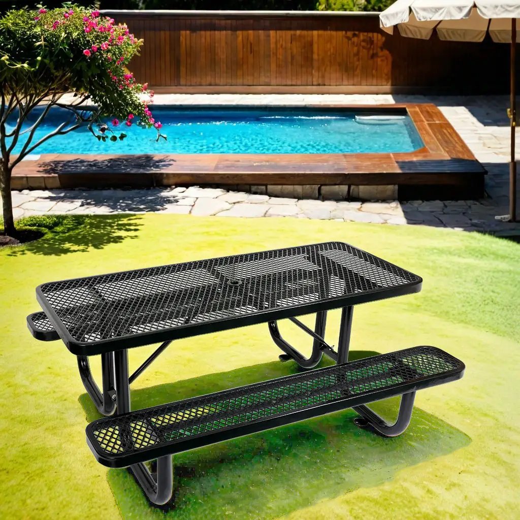 Outdoor Steel Picnic Rectangular Table With Umbrella Pole by HouseOfZazla