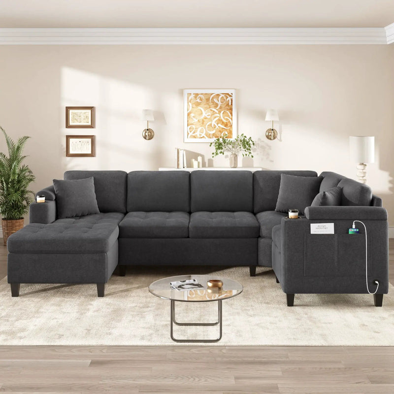U Shaped Sectional Sofa, Corner Living Room Couch With Built In Cup Holders, Storage, USB Ports by Unique Piece Furniture