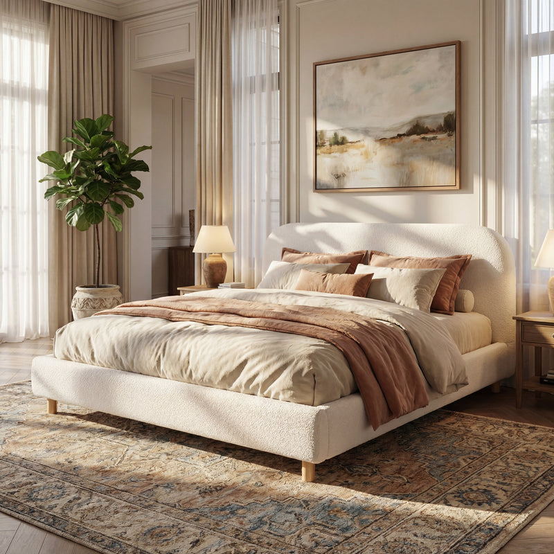 California King Size Upholstered Bed with Boucle Fabric and Curved Headboard by HouseOfZazla