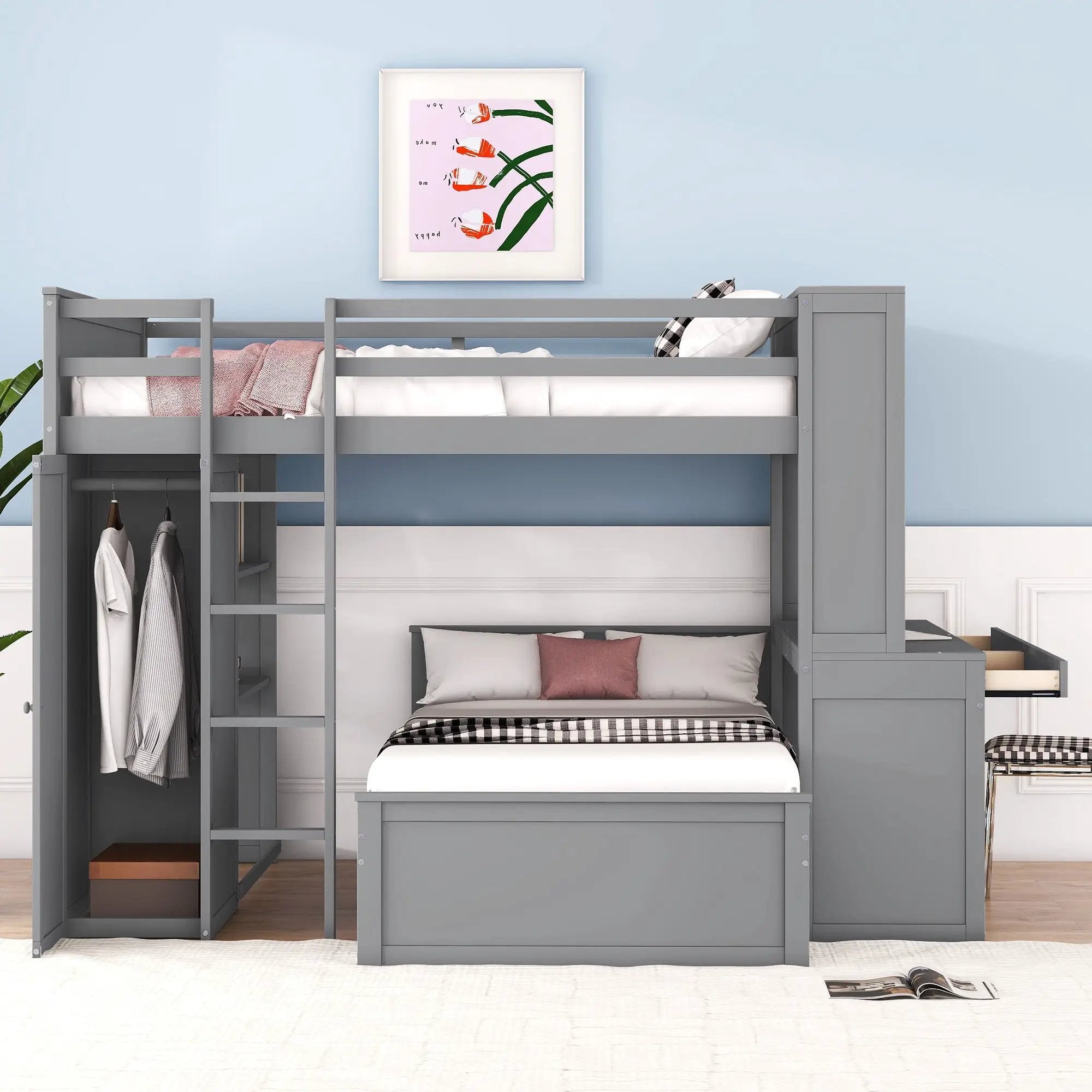 Loft Bed With A Twin Size Standalone Bed, Shelves, Desk, And Wardrobe by HouseOfZazla
