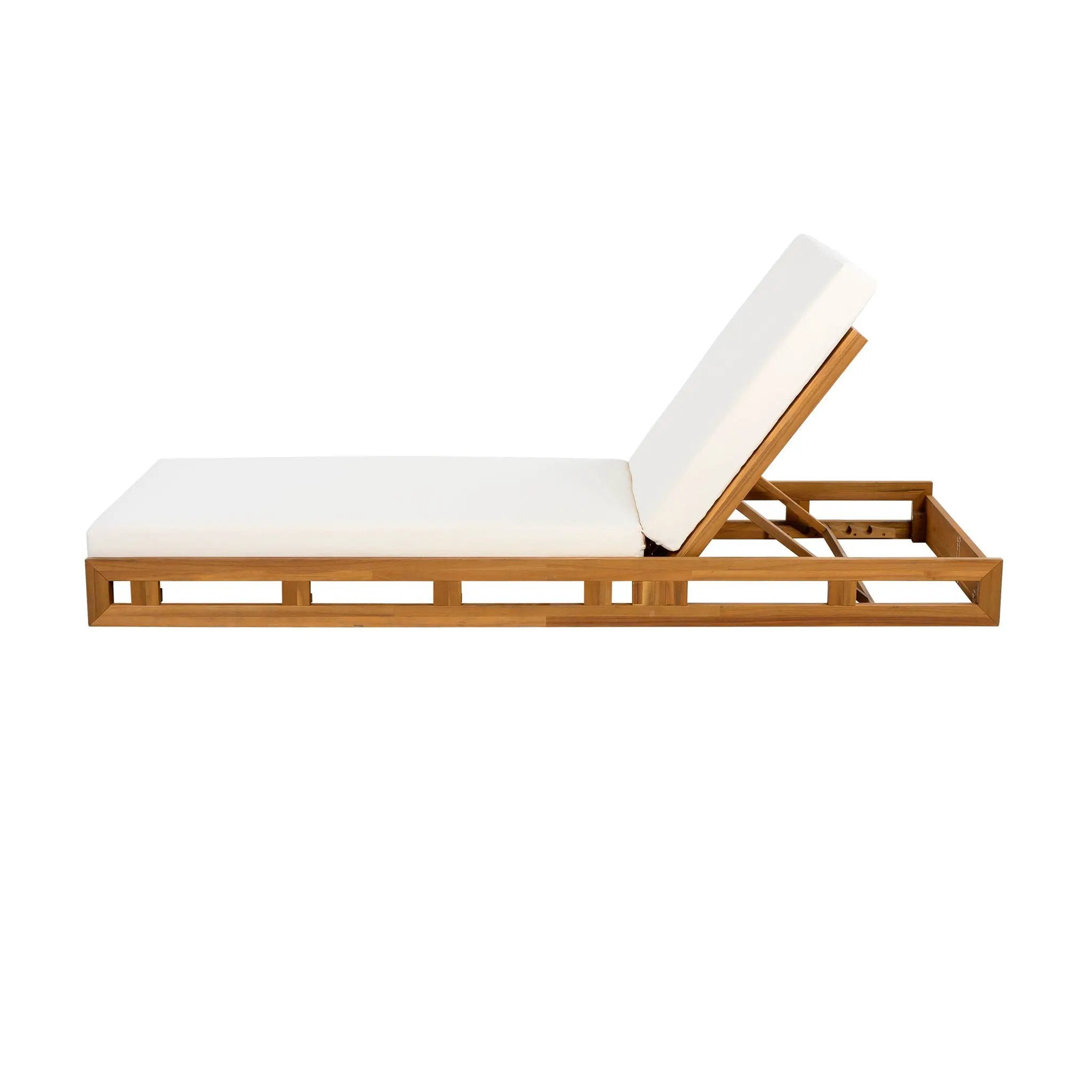 Premium Acacia Wood Lounge Chaise Set With Water Resistant Cushions, Adjustable Recline - Cream / Teak by HouseOfZazla