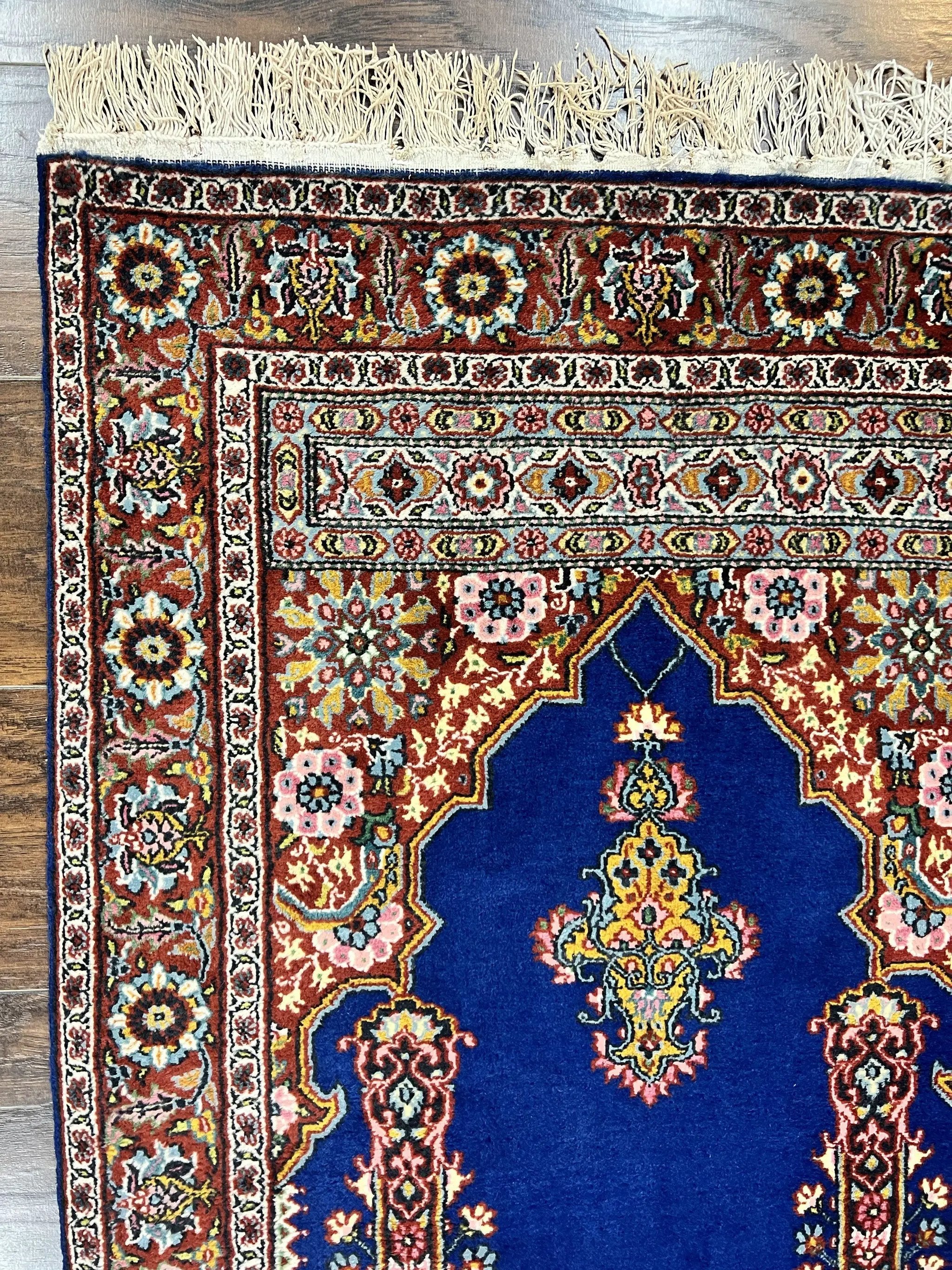 Indo Persian Prayer Rug 3x5, Fine Oriental Carpet, Dark Blue and Red, Vintage Hand Knotted Handmade Prayer Rug by Jewel Rugs
