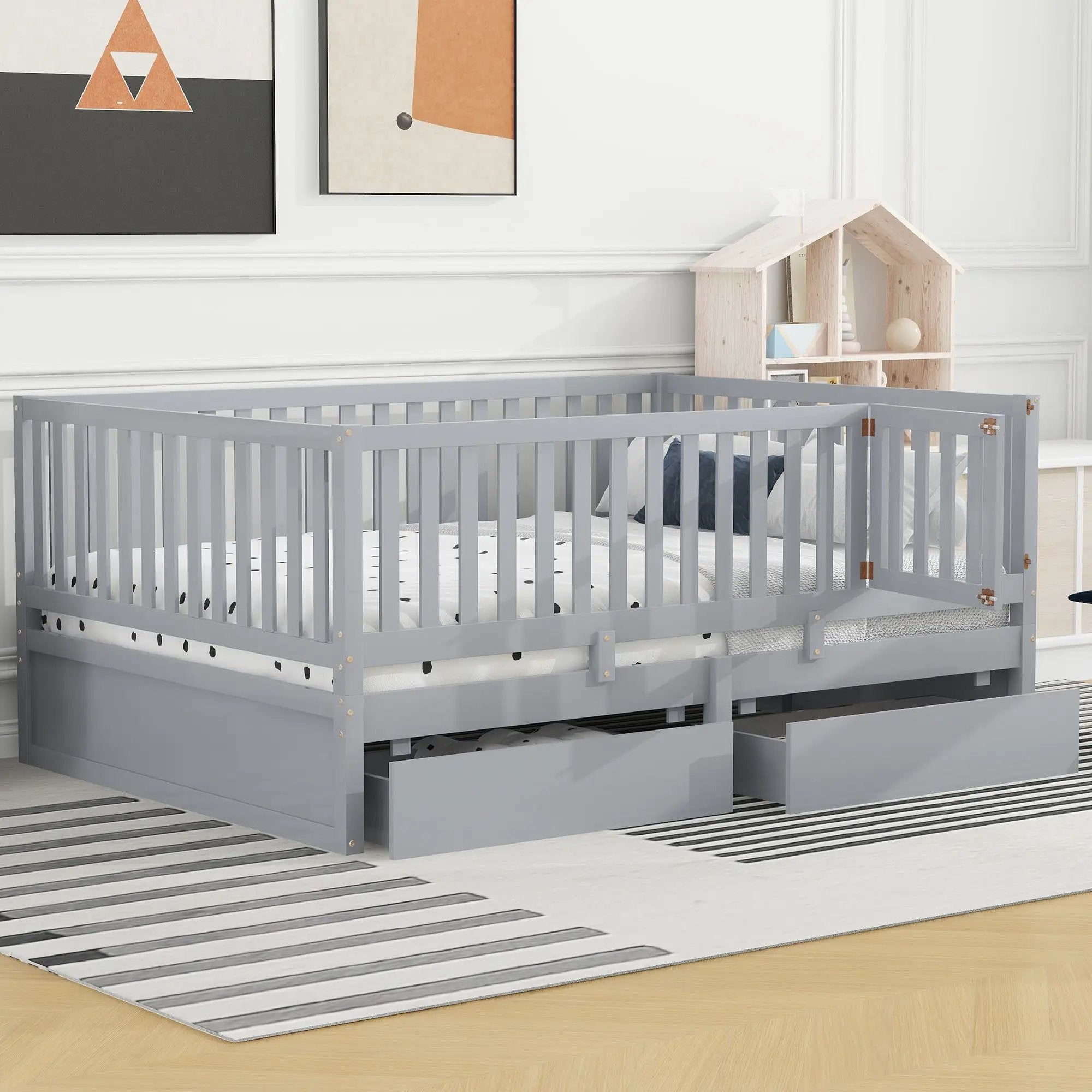 Daybed With Fence Guardrails And 2 Drawers, Split Into Independent Floor Bed & Daybed by HouseOfZazla