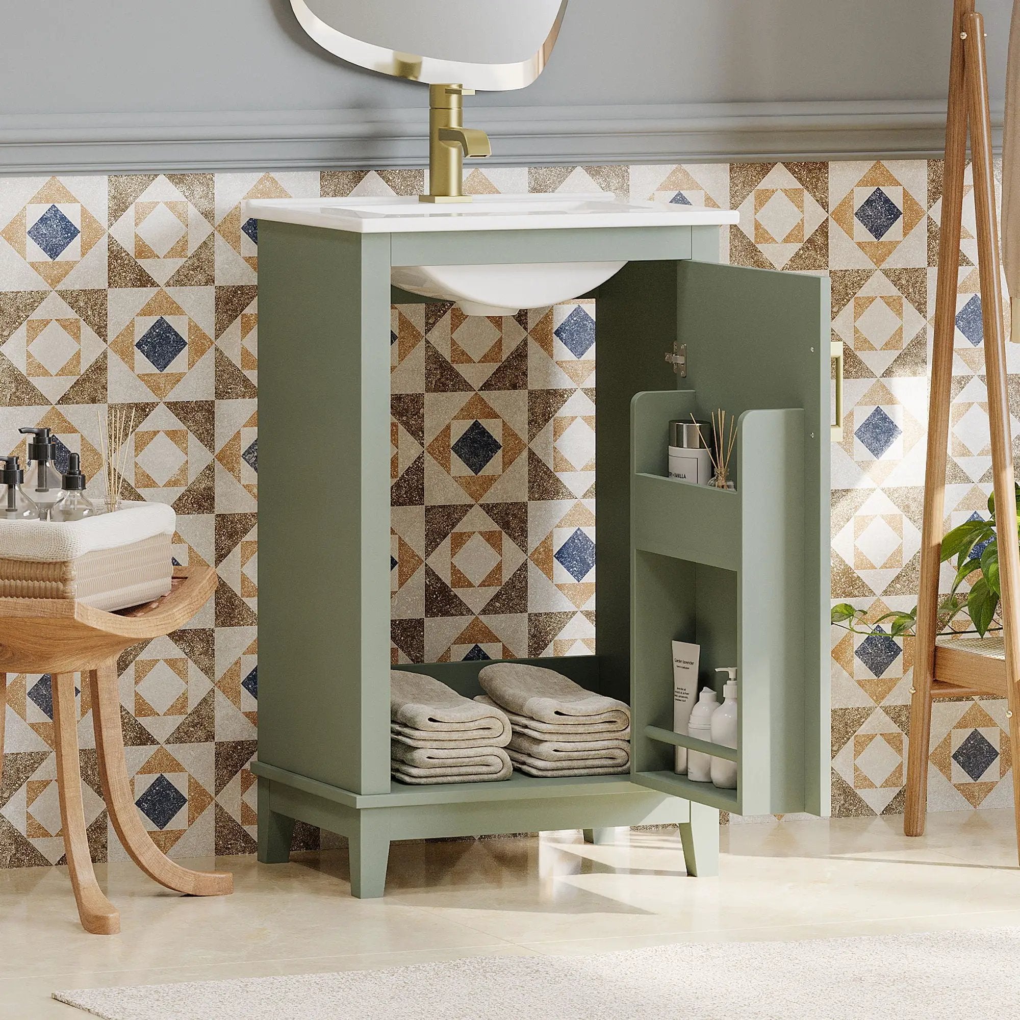 Modern Small Bathroom Vanity Cabinet With Ceramic Basin, Ample Storage, 1 Soft Close Door by HouseOfZazla