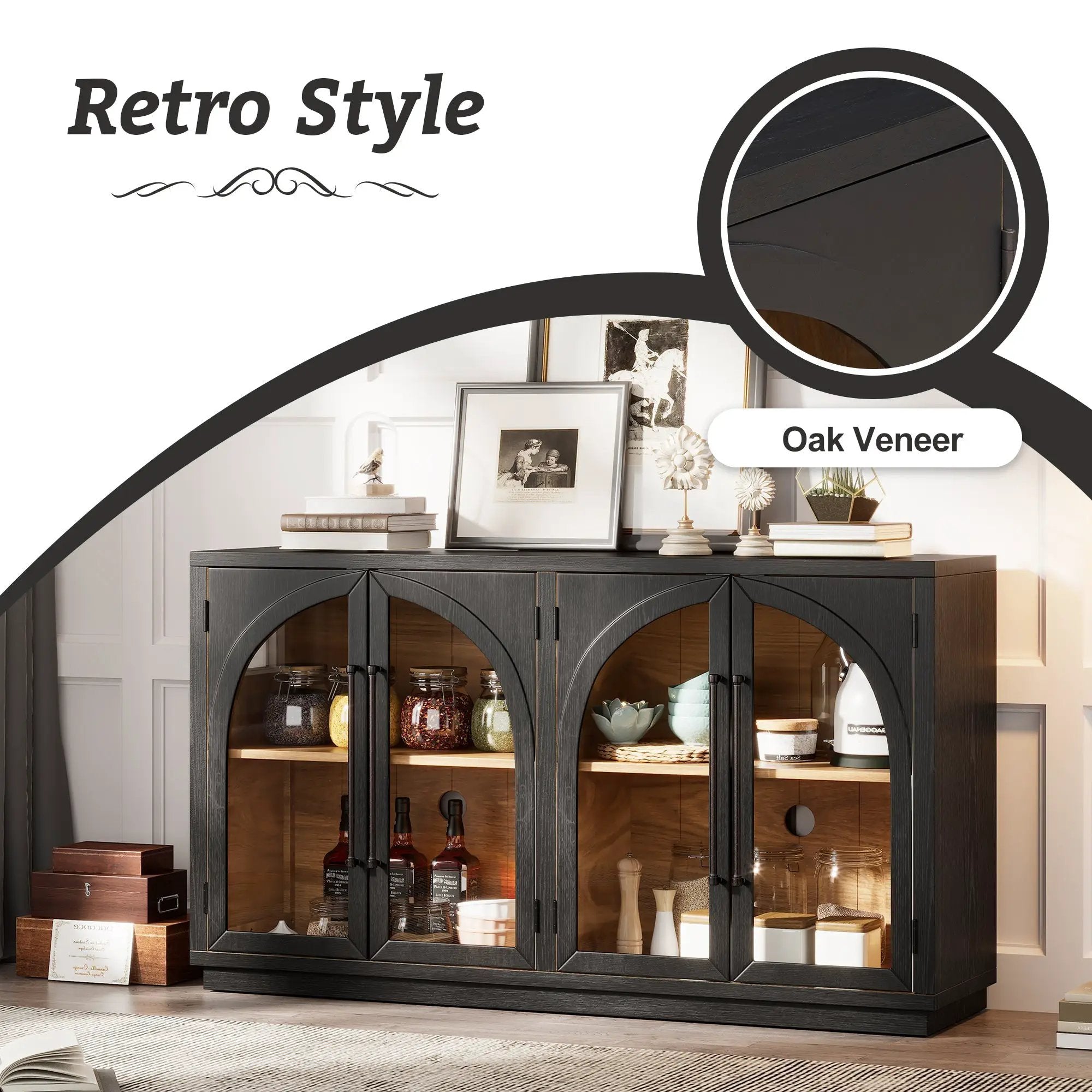 4-Door Large Storage Sideboard Buffet Cabinet with Glass Doors Arched Cabinet (Black) by HouseOfZazla