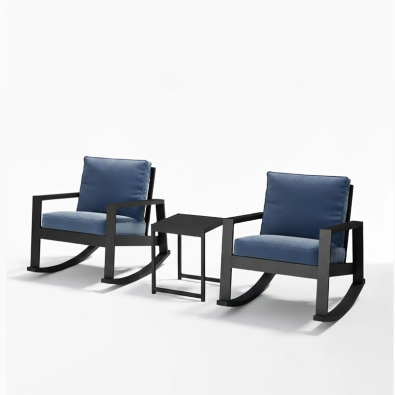 Outdoor Rocking Bistro Set Of 3, Oversized Rocking Chairs With Cushions And Side Table - Black / Blue by HouseOfZazla