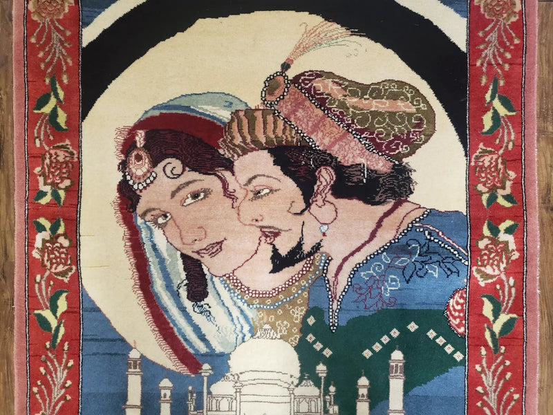 Vintage Small Pictorial Lovers Rug 2.5 x 4, Taj Mahal Indo Persian Rug, Wool Hand-Knotted Indian Rug, King & Queen, Layla and Majnun by Jewel Rugs