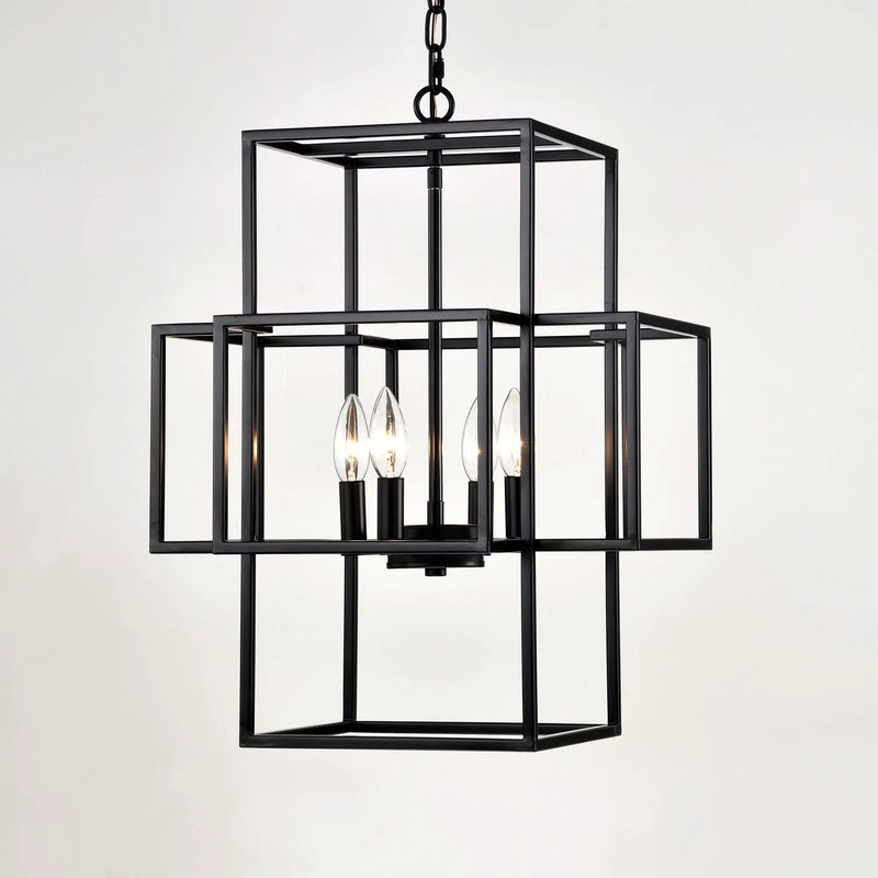 4 Light Metal Lantern Tiered Pendant Hanging Light Fixtures, Industrial Farmhouse Adjustable Height Chandeliers For Dining Room Hallway Foyer Entryway (E12 Bulbs Not Included) by HouseOfZazla