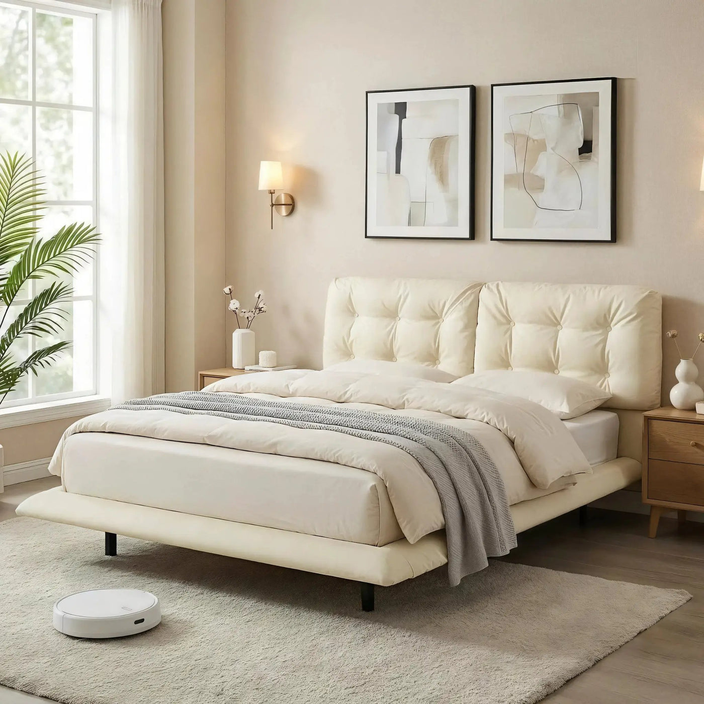 Queen Size Upholstered Floating Bed Frame with LED Lights by HouseOfZazla