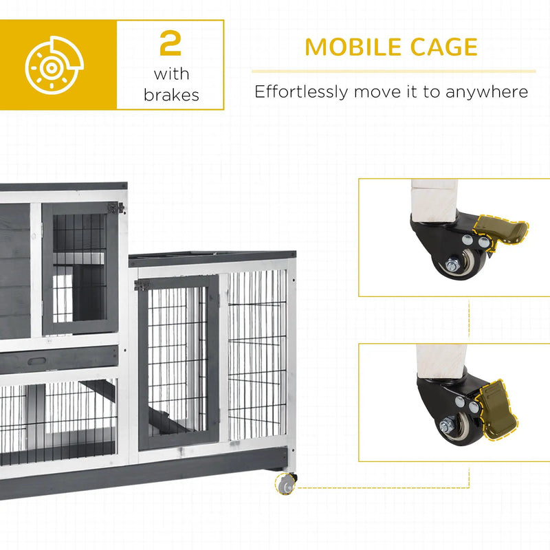Pawhut - Wooden Rabbit Hutch Elevated Bunny Cage Indoor Small Animal Habitat With Enclosed Run With Wheels, Ramp, Removable Tray Ideal For Guinea Pigs - Gray by HouseOfZazla