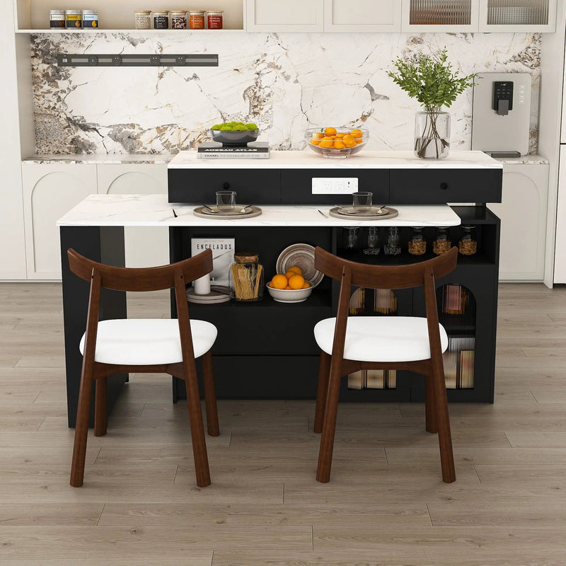 Retro Kitchen Island Set With Chairs, Extendable & Rotating Table, 4 Drawers & Door Cabinets by HouseOfZazla