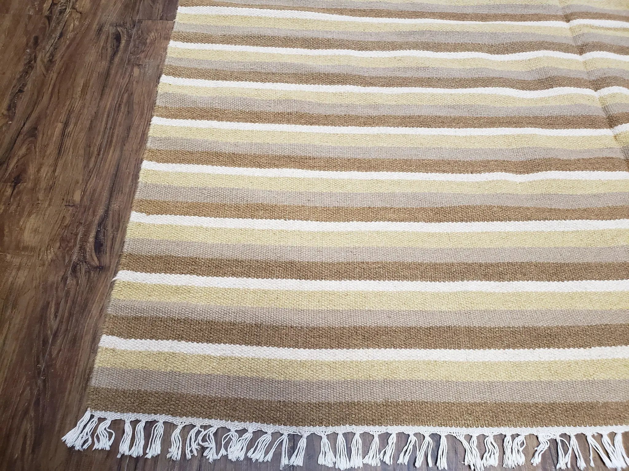 Indian Striped Blanket 6x9, Large Indo Kilim Area Rug, Earthern Tones Woolen Hand-Woven Flatweave South American Style Queen Size Bedspread by Jewel Rugs