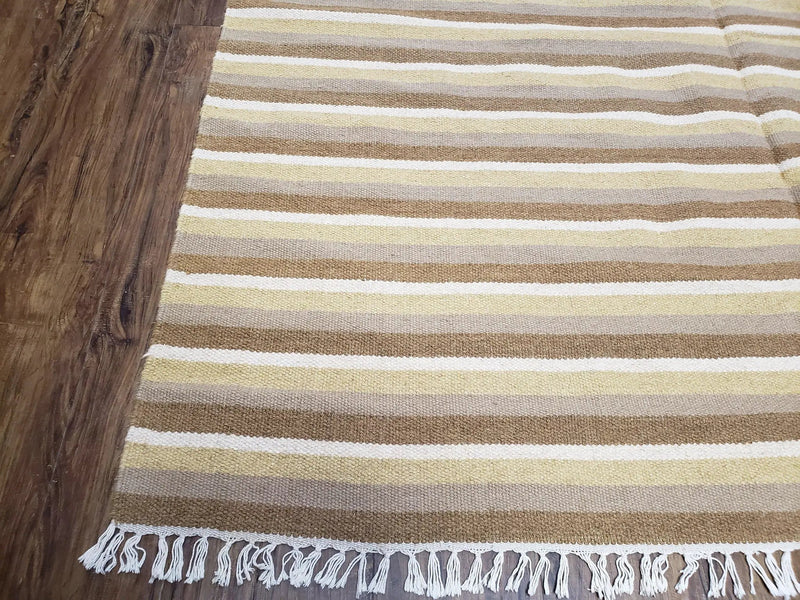 Indian Striped Blanket 6x9, Large Indo Kilim Area Rug, Earthern Tones Woolen Hand-Woven Flatweave South American Style Queen Size Bedspread by Jewel Rugs