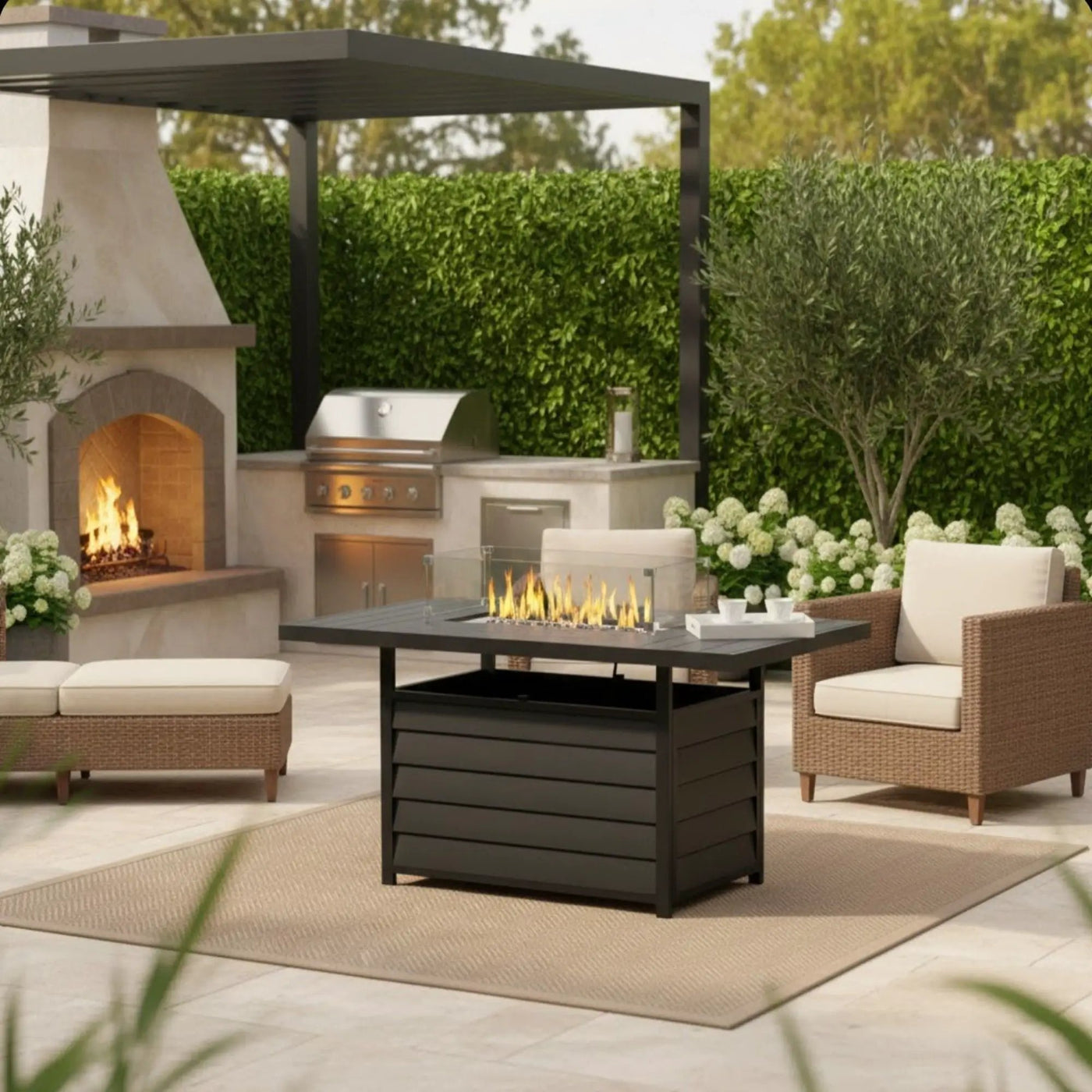 Rectangular Propane Fire Pit Table With Burner, Lava Rock, Waterproof Cover by HouseOfZazla