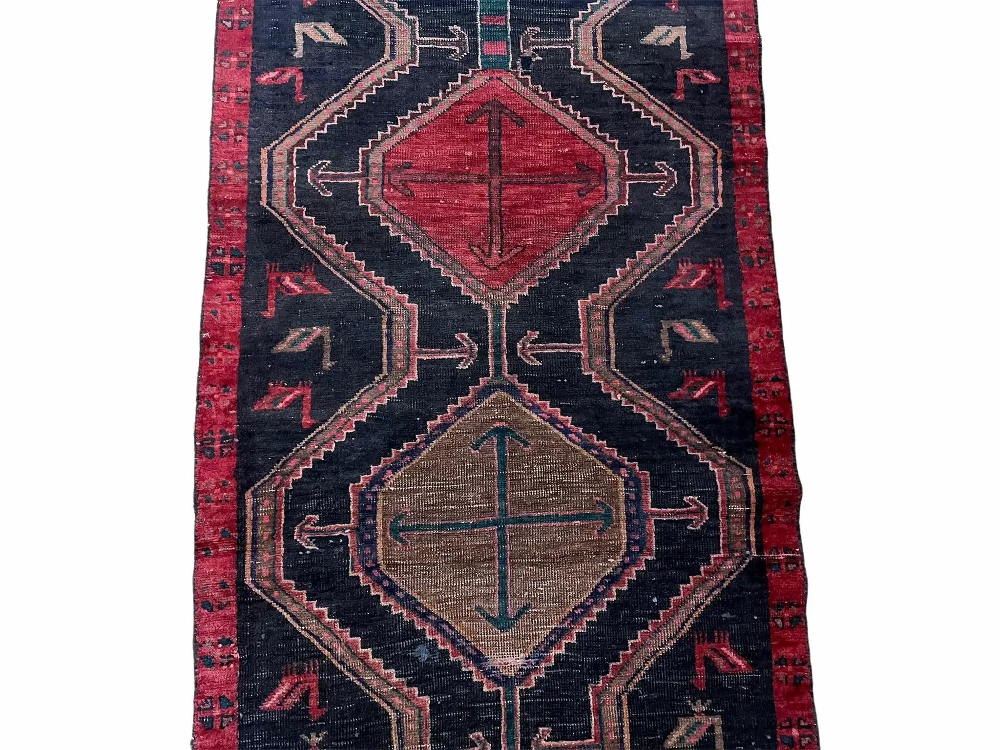3 X 7 Handmade Wool Tribal Runner Rug Geometric Red Blue Boho Organic Dyes by Jewel Rugs