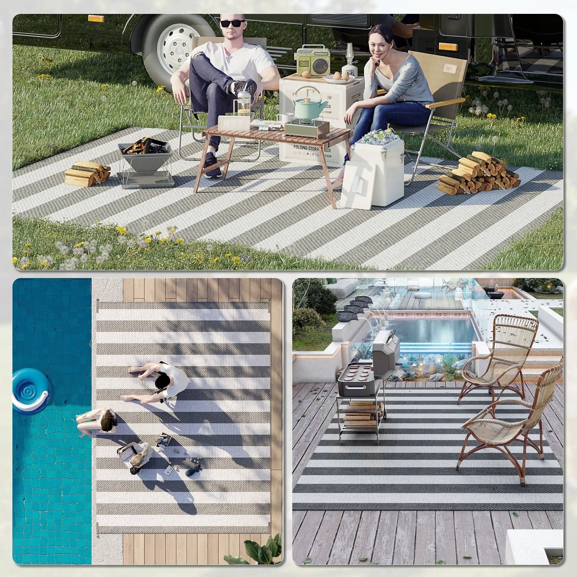 Outsunny - Reversible Outdoor Rug, 9' x 12' Waterproof Plastic Straw Floor Mat, Portable Rv Camping Carpet With Carry Bag, Large Floor Mat For Backyard, Deck, Picnic, Beach - Gray & White Striped by Unique Piece Furniture