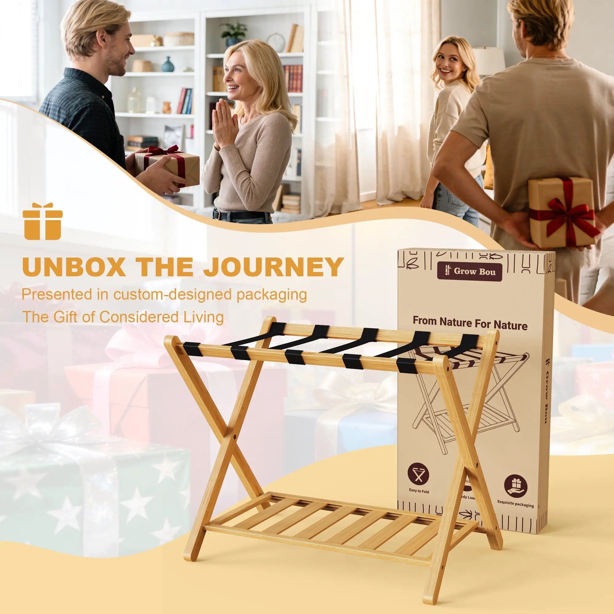 Folding Bamboo Luggage Rack with Lower Storage Shelf by HouseOfZazla