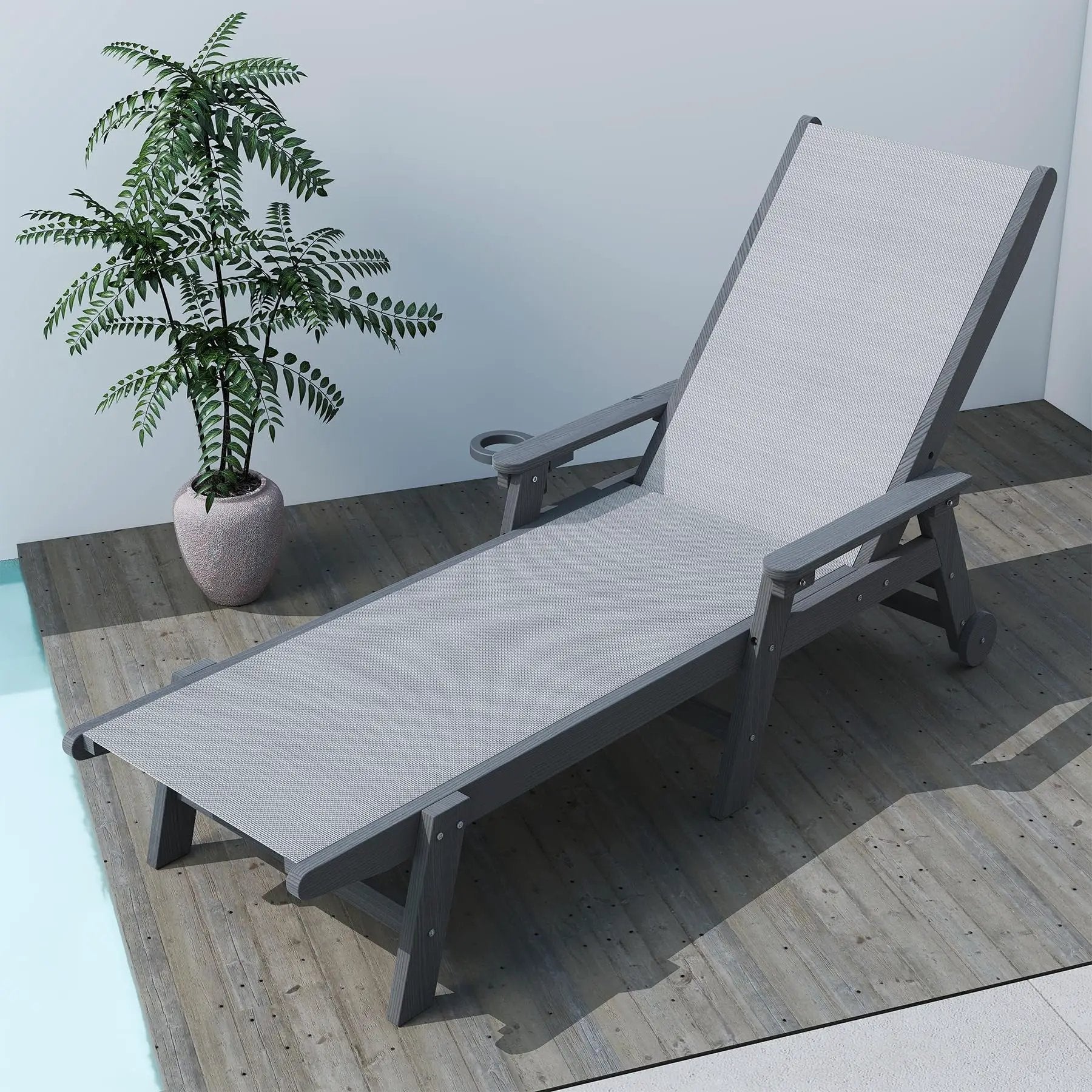 Lounge Chair Outdoor, HDPE Chaise Lounge with Wheels and 5-Position Recliner by HouseOfZazla